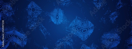 Glow blue background. Ornament chaotic circles, lines, waves. Fingerprint. Maze. Pattern wooden board of particles, dots. Rock garden. Banner technology, medicine, business, social networks. Vector.