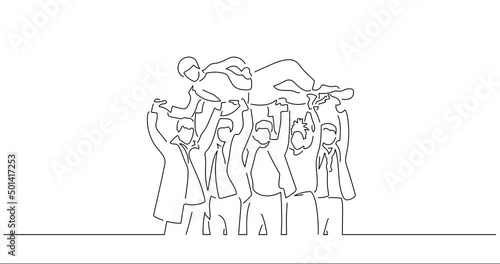 Happy teamwork in line art animation. Footage of a group of casual people. Black linear video on white background. Animated gif illustration design.
