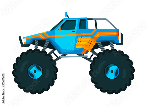Monster truck. Bright colorful cartoon auto with big wheels. Heavy car with large tires and black tinted windows. Isolated rally 4x4 computer or mobile game