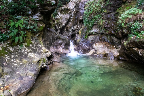 River creating a turquoise pond next to the Path of the Gods (Sentiero Degli Dei) on the Amalfi Coast in Campania, Italy, Europe. Hiking trail to San Lazzaro in the Valle Delle Ferriere. Swimming Pool