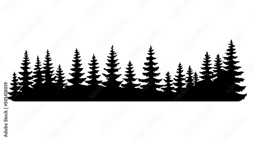 Obraz premium Fir trees silhouettes. Coniferous or spruce forest horizontal background pattern, black pine woods vector illustration. Beautiful hand drawn coniferous panorama