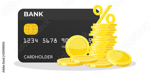 Bank plastic card with coins, flat vector illustration. Interest rate on deposits or loans. Cash back service concept.