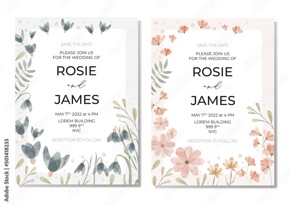 Botanical wedding invitation cards template design, blue and pink wildflowers and green leaves with frame on light beige background, pastel vintage theme