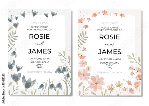 Botanical wedding invitation cards template design, blue and pink wildflowers and green leaves with frame on light beige background, pastel vintage theme © Alina