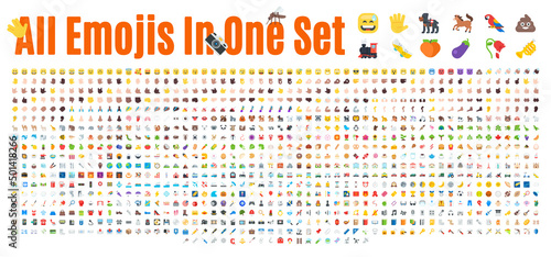 All Emoticons in One Big Set. Emoji Vector Set. Transport, Sport, Nature, People and Food Icon Set photo