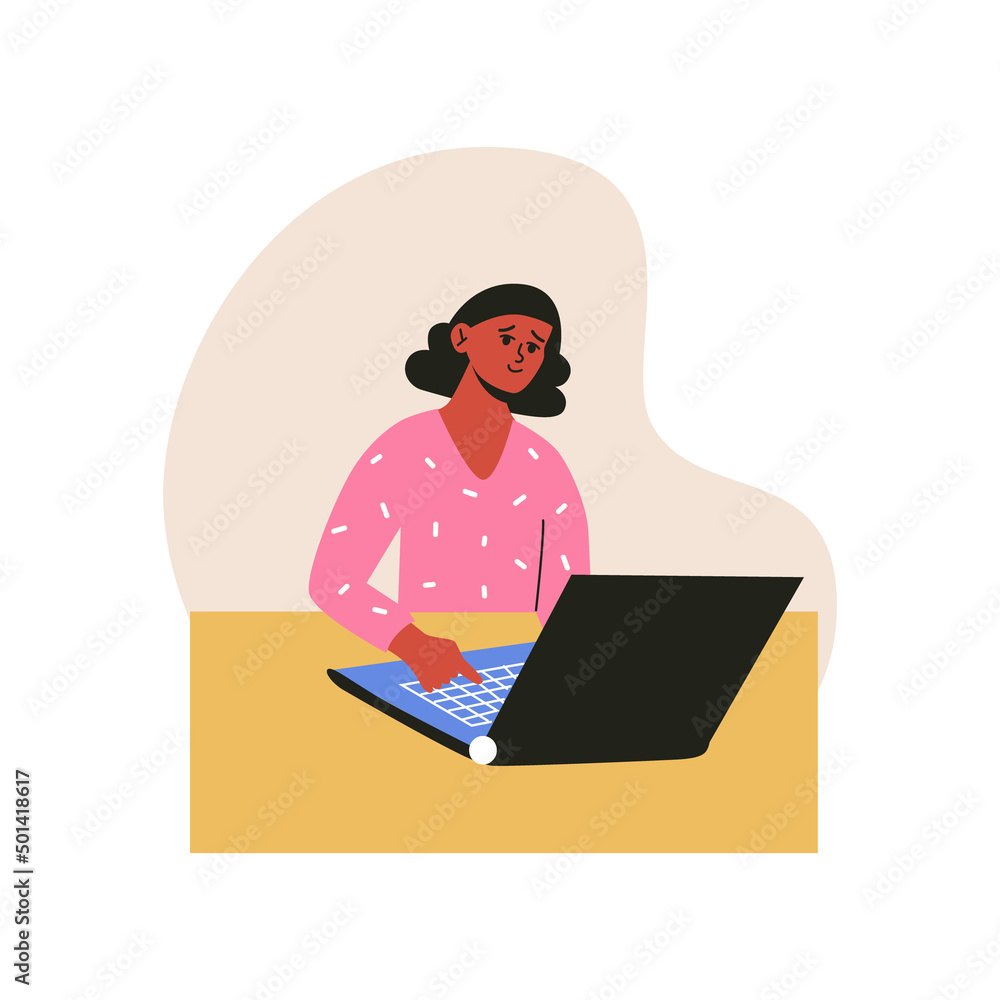 Young smiling woman working at table on laptop. Vector flat illustration in trendy colors, isolated on a white background Young smiling woman working at table on laptop. Vector flat illustration in trendy colors, isolated on a white background
