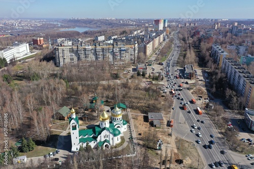 Nizhny Novgorod, Russia, Prioksky district, Prospekt Gagagrina, 04.27.2022. Panorama of the city, top view of the residential area of the city, the temple and the avenue.