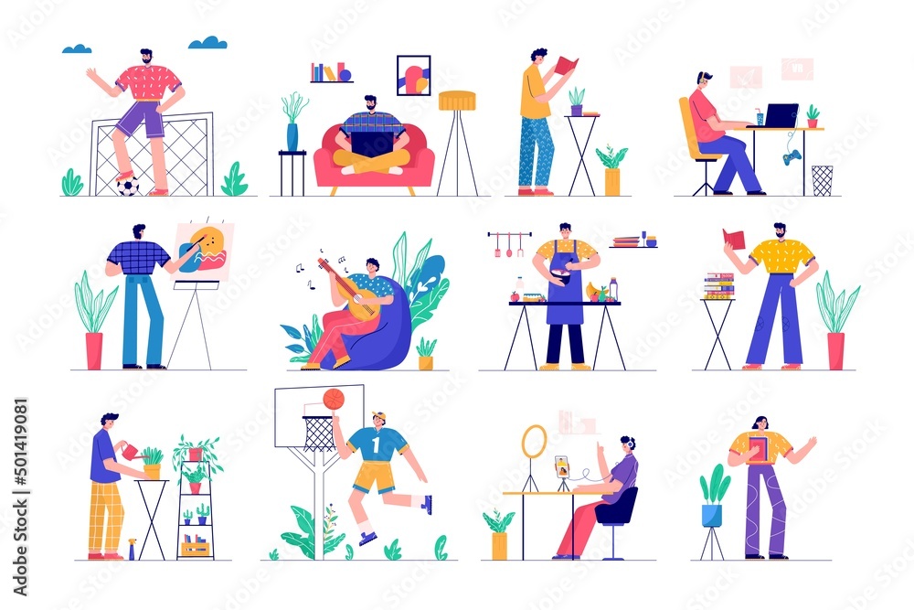 Modern people playing guitar, read book, gardening, gaming, blogging, podcasting . Set of man and woman enjoying their hobbies, work, leisure. Vector illustration in flat cartoon style. Modern people playing guitar, read book, gardening, gaming, blogging, podcasting . Set of man and woman enjoying their hobbies, work, leisure. Vector illustration in flat cartoon style.