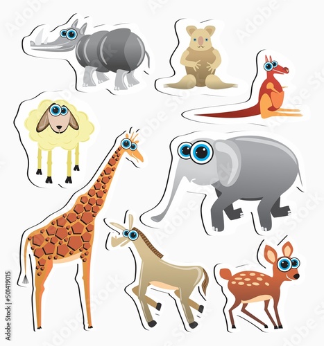 Cartoon african australian funny zoo animals stickers collection with unique eyes including kangaroo giraffe deer lamb elephant donkey koala and rhino also can be used to teach words or names vector i