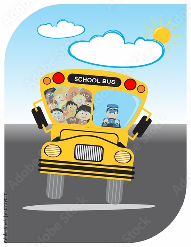 Cartoon happy students rides bus going to school back to school concept sunny summer fresh day blue sky clean road driver driving safely to destination old bus style boys and girls vector illustration