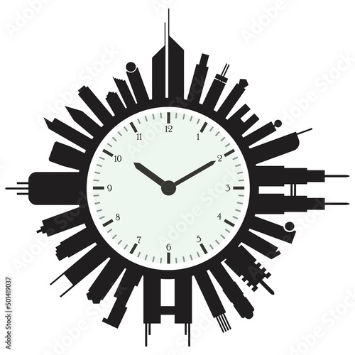City wall clock design showing a clock surrounded by modern buildings and skyscraper for international different timing a unique design for hotels companies and websites to different cities time 