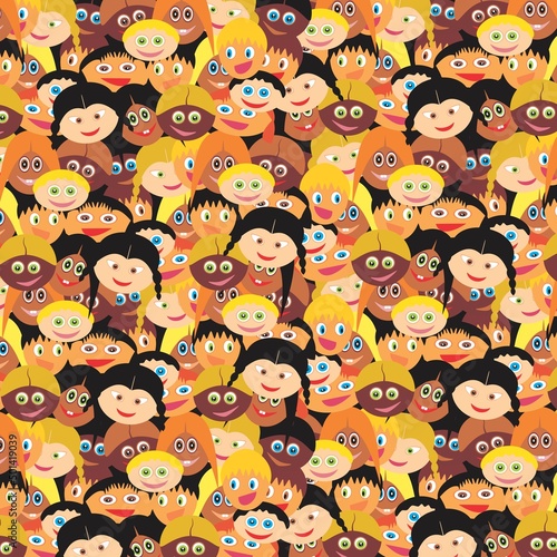 Happy cartoon kids faces retro pattern background boys and girls smiles straight looking eyes repetition concept can be used as a gift wrapper or book cover or as a multiuse backdrop vector  photo