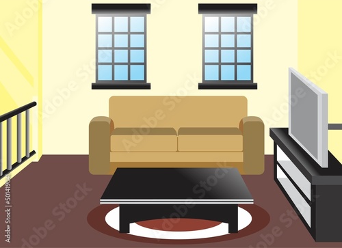 Living room interior design with two windows in the back walls comfortable couch table floor mat modern television bench with shelf simple and elegant lifestyle handrail opposite side vector 
