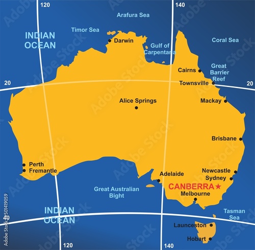 Australia map infographic diagram with all surrounding oceans seas gulf capital and main cities islands major longitude and latitude lines australian international border vector illustration education photo
