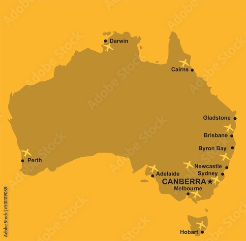 Murais de parede Australia map infographic diagram main airports Canberra Sydney Melbourne Adelai