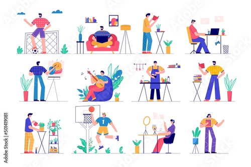 Modern people playing guitar, read book, gardening, gaming, blogging, podcasting . Set of man and woman enjoying their hobbies, work, leisure. Vector illustration in flat cartoon style.