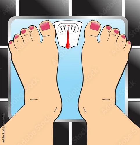 Cartoon women standing on scale watching her heavy weight in the bathroom floor closeup vector illustration weight loss concept diet success or failure healthy lifestyle personnel healthcare 