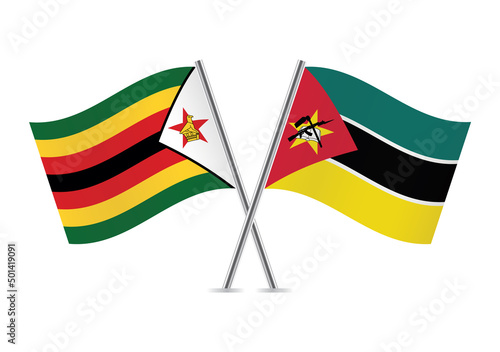 Zimbabwe and Mozambique crossed flags. Zimbabwean and Mozambican flags on white background. Vector icon set. Vector illustration.