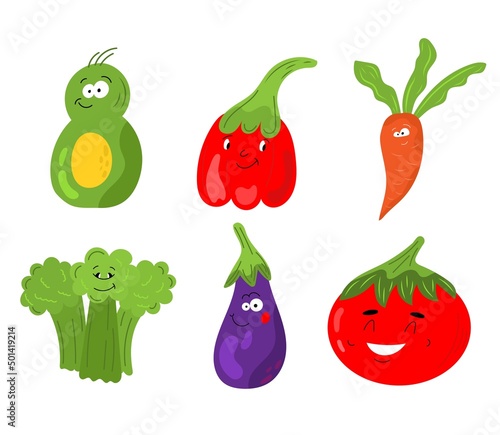 Wallpaper Mural Set of different cute happy vegetable and fruit kawaii characters. Colorful design for cards, banners, printed materials. Funny doodle style emoticons. Flat icons of: pepper, carrot, tomato, avocado Torontodigital.ca