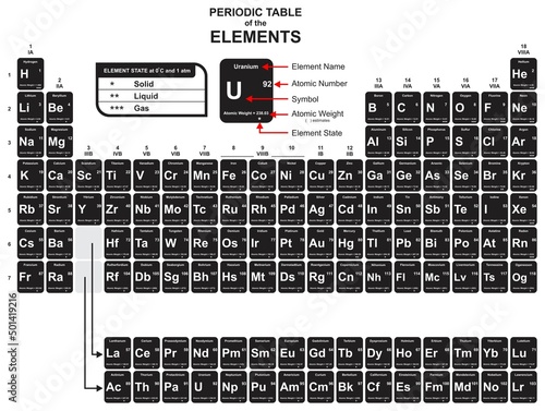 Periodic table of the elements infographic diagram including element name symbol atomic number weight state black and white groups for chemistry science education poster vector isolated illustration