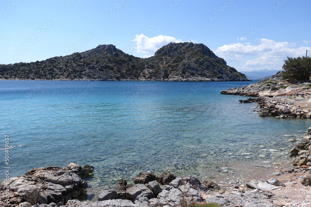 Paradise bay and small port with turquoise beach of Aponisos in island of Agistri, Saronic Gulf, Greece