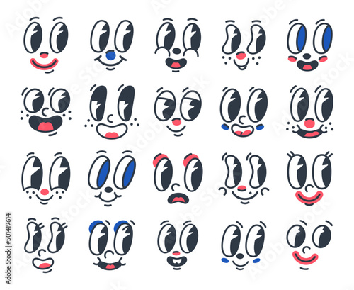 Retro cartoon funny faces, 30s comic caricature mascot emotions. Comic book characters with cute smiling mouths and eyes vector symbols illustrations set. Cartoon faces collection