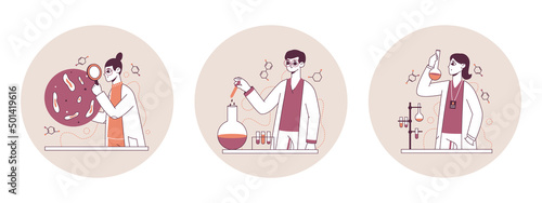 Science laboratory workers, biology, medical biotechnology lab sciences. Chemical scientific researching work, scientist experiment vector symbols illustration set. Science lab concept