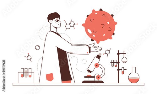 Scientists character, chemist medical development, science biology lab worker. Laboratory experiment, scientific biotechnology experiment vector symbols illustration. Chemist laboratory concept