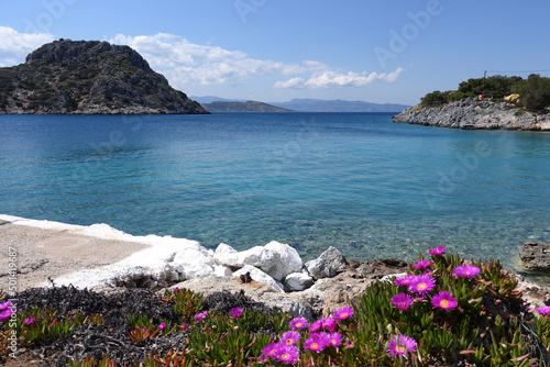 Paradise bay and small port with turquoise beach of Aponisos in island of Agistri, Saronic Gulf, Greece