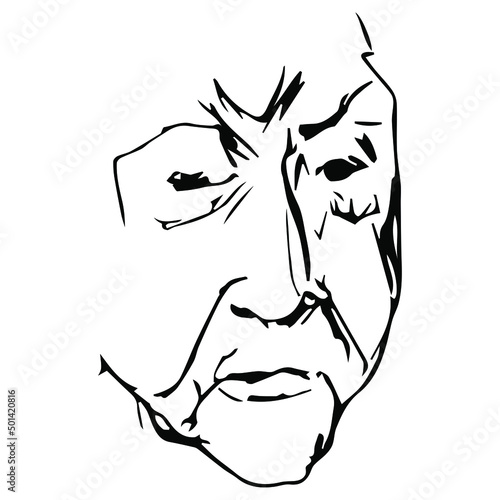 Face of an old person. Human portrait of a wrinkled aged woman or man. Hand drawn linear doodle rough sketch. Black silhouette on white background.
