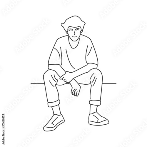Young man sitting and smiling in minimal cartoon style