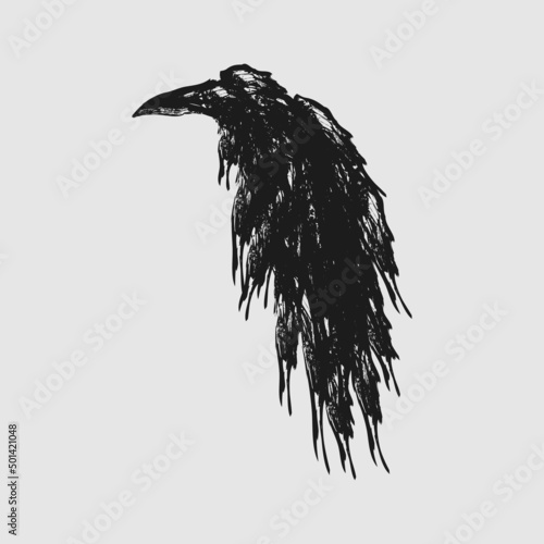 Scary raven silhouette. Crow ink tattoo. Black bird vector illustration.