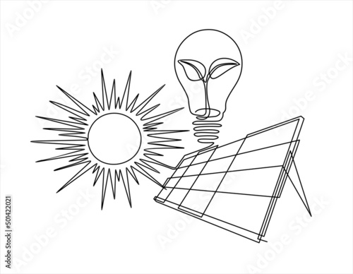 Continuous line drawing solar panel, sun and light bulb, symbol for solar energy. Can used for logo, emblem, slide show and banner. Illustration with quote template.Order a banner for one line drawing