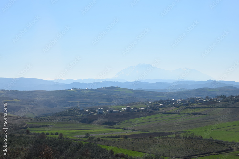 Panorama from the city of Belsh, Albania. Mountain, sky