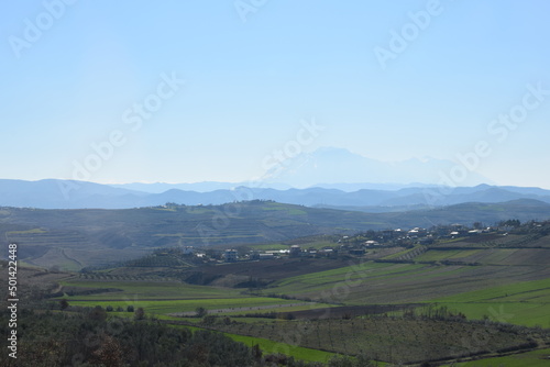 Panorama from the city of Belsh, Albania. Mountain, sky