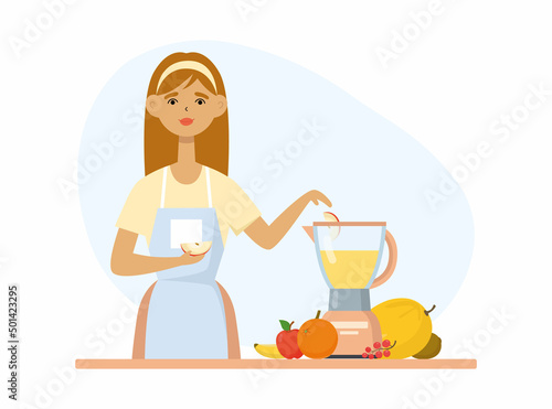 Young funny woman makes fruit drink, smoothie in a blender. Assorted fruits. Vector