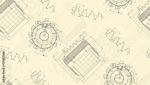 Mechanical engineering drawings on light background. Cutting tools, milling cutter. Technical Design. Cover. Blueprint. Seamless pattern. Vector illustration.
