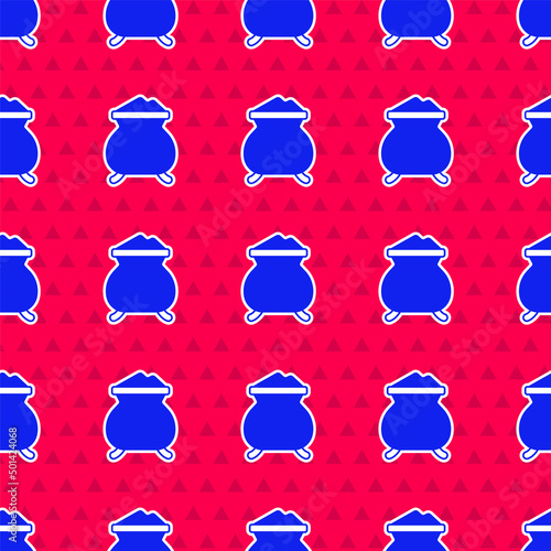 Blue Molten gold being poured icon isolated seamless pattern on red background. Molten metal poured from ladle. Vector