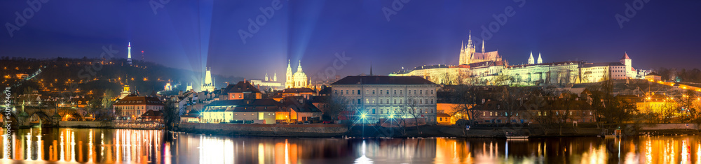 Night Time Panoramic of Illuminated Lesser Town, from Prague Castle to Charles Bridge with Lights Reflecting off the Vltava River, European Tourist Destination