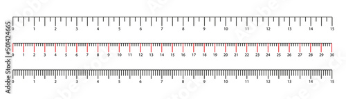 Set of ruler scale 30 cm. Centimeter, millimeter, inch and metric rulers. Marking for ruler, measure on scale of centimeter, millimeter and inches, marks for tape measure. Vector illustration