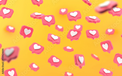 Flying like hearts symbol. Falling social media like notification sign. Communication concept on yellow background. 3d rendering