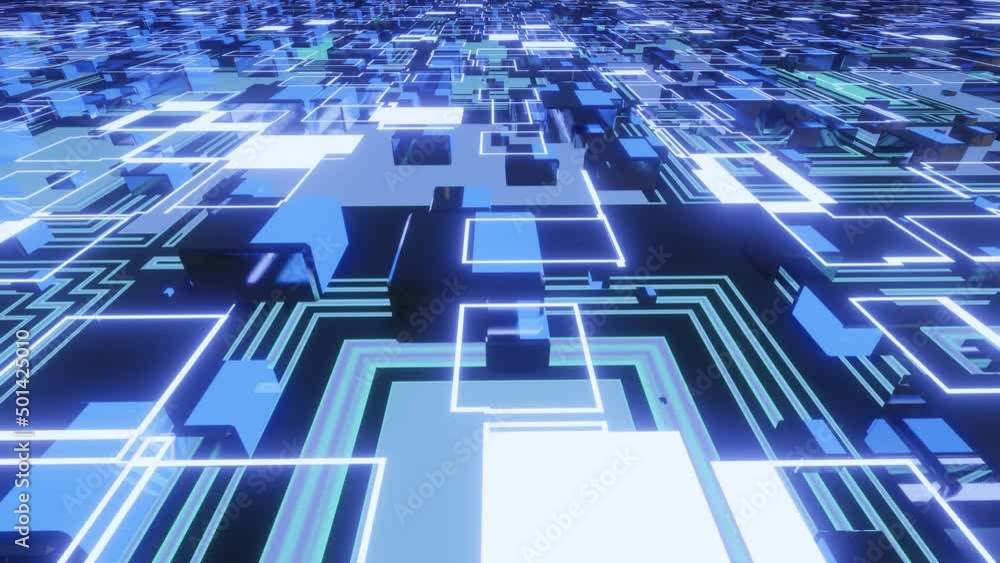 4k looped animation. Flight over hi tech pattern on plane surface, neon glow, complex elements and structure. 3d objects form sci fi surface 3d pattern. Information technology, futuristic hardware 4k looped animation. Flight over hi tech pattern on plane surface, neon glow, complex elements and structure. 3d objects form sci fi surface 3d pattern. Information technology, futuristic hardware