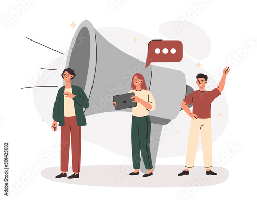 Digital Marketing and Media Concept. Men and women use large loudspeaker, communicate with audience and advertise product or service. Promotion in social networks. Cartoon flat vector illustration