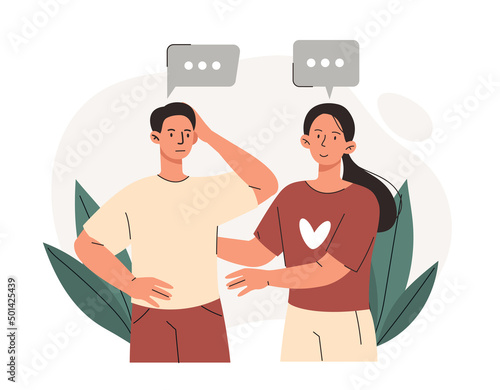 Unhappy couple or uninteresting story concept. Smiling woman communicates with man. Bored, frustrated guy waiting for end of meeting. Difficulties in relationships. Cartoon flat vector illustration