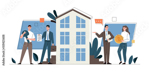 Buying house concept. Young man and woman communicate with real estate agents and purchase apartment with mortgage. Personal property of characters. Cartoon contemporary flat vector illustration