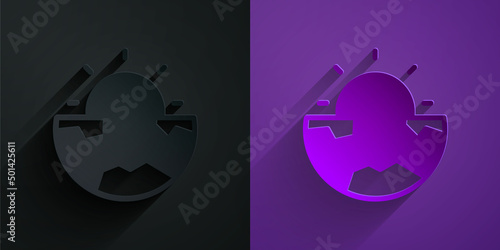 Paper cut Earth core structure crust icon isolated on black on purple background. Paper art style. Vector