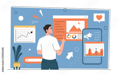 Content manager at work concept. Young male freelancer developing promotion strategy in social networks. Advertising and marketing. SMM specialist. Design of posts. Cartoon flat vector illustration