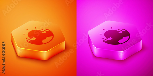Isometric Earth core structure crust icon isolated on orange and pink background. Hexagon button. Vector