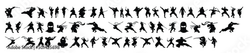Fényképezés Collection of ninja silhouette vectors on a white background