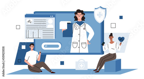 Telemedicine and ehealth concept. Man and woman conduct online consultation with doctor. Smiling therapist on computer screen makes diagnosis and prescribes treatment. Cartoon flat vector illustration